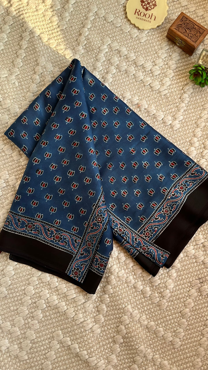 LOTUS BOOTA - INDIGO AJRAKH HAND BLOCK PRINTED MODAL SILK SAREE  (ONLY AVAILABLE ON PRE ORDER - DISPATCH TIME IS 30-45 DAYS)