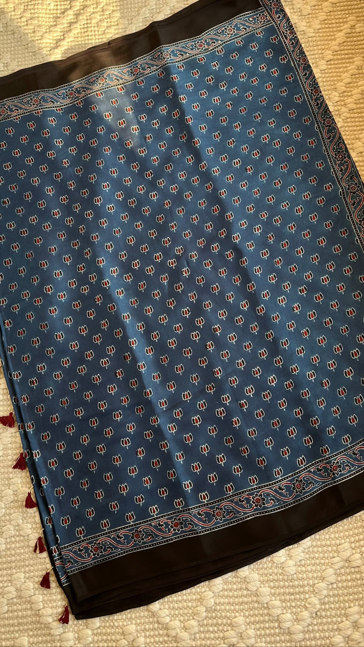 LOTUS BOOTA - INDIGO AJRAKH HAND BLOCK PRINTED MODAL SILK SAREE  (ONLY AVAILABLE ON PRE ORDER - DISPATCH TIME IS 30-45 DAYS)