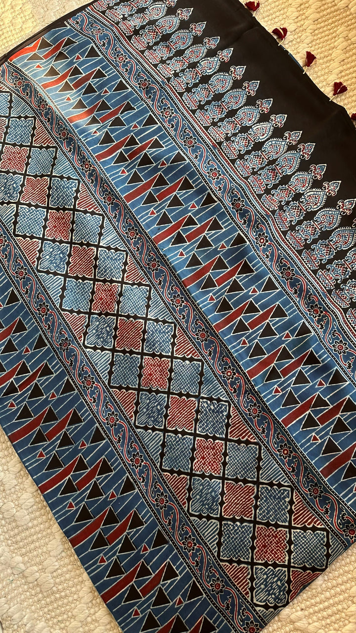 LOTUS BOOTA - INDIGO AJRAKH HAND BLOCK PRINTED MODAL SILK SAREE  (ONLY AVAILABLE ON PRE ORDER - DISPATCH TIME IS 30-45 DAYS)