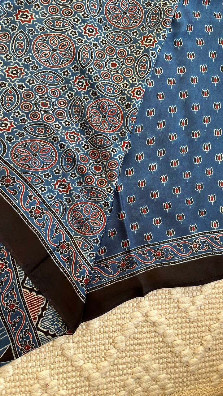 LOTUS BOOTA - INDIGO AJRAKH HAND BLOCK PRINTED MODAL SILK SAREE  (ONLY AVAILABLE ON PRE ORDER - DISPATCH TIME IS 30-45 DAYS)