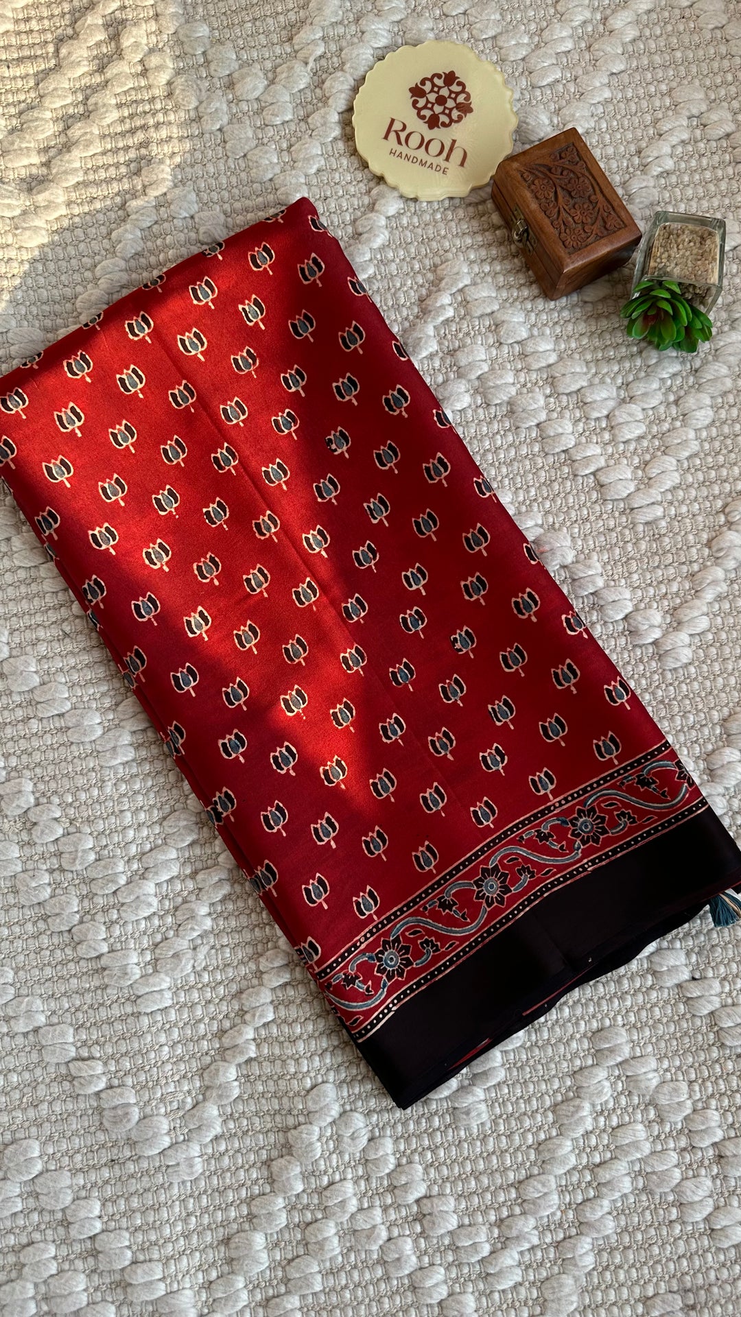 LOTUS BOOTA - MADDER RED AJRAKH HAND BLOCK PRINTED MODAL SILK SAREE (ONLY AVAILABLE ON PRE ORDER - DISPATCH TIME IS 30-45 DAYS)