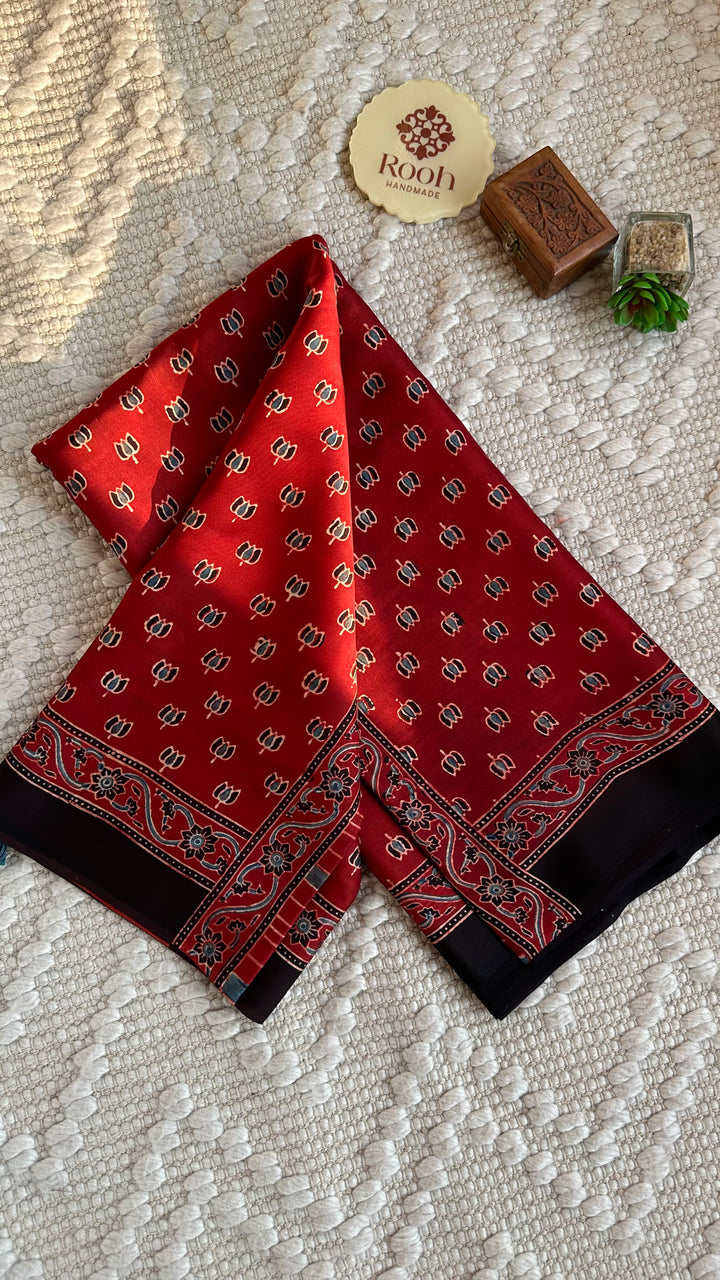 LOTUS BOOTA - MADDER RED AJRAKH HAND BLOCK PRINTED MODAL SILK SAREE (ONLY AVAILABLE ON PRE ORDER - DISPATCH TIME IS 30-45 DAYS)