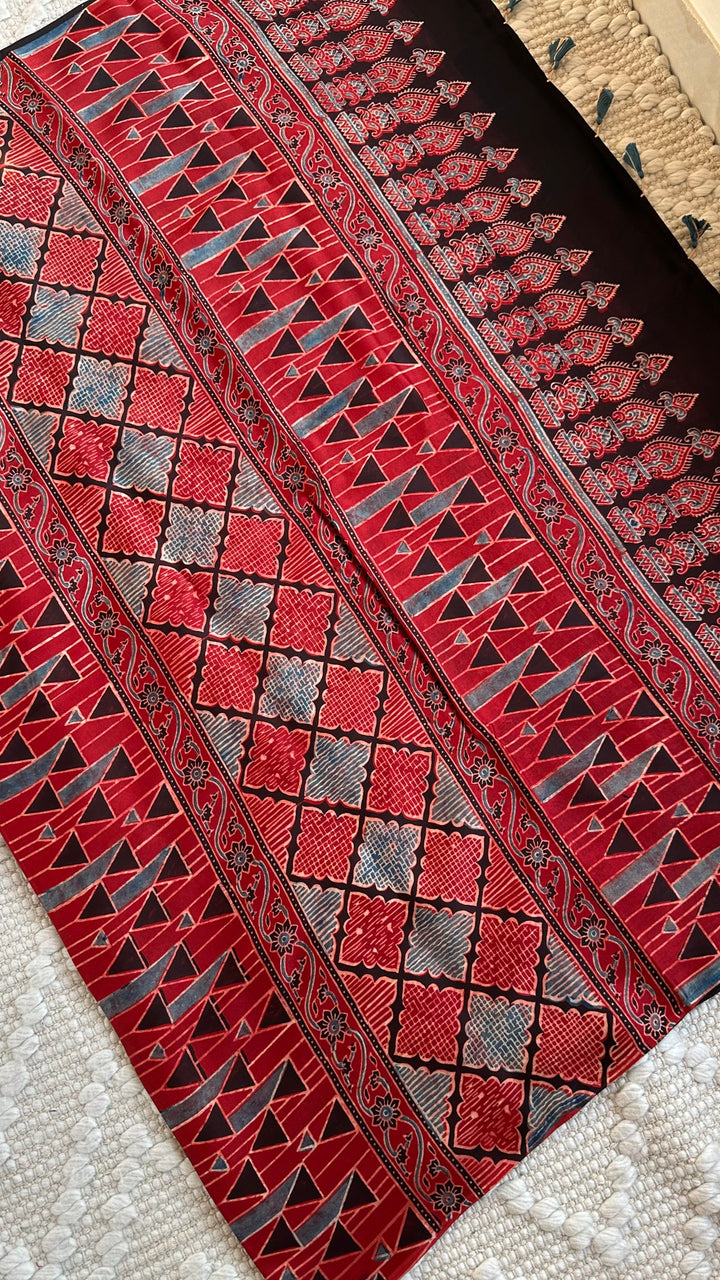 LOTUS BOOTA - MADDER RED AJRAKH HAND BLOCK PRINTED MODAL SILK SAREE (ONLY AVAILABLE ON PRE ORDER - DISPATCH TIME IS 30-45 DAYS)