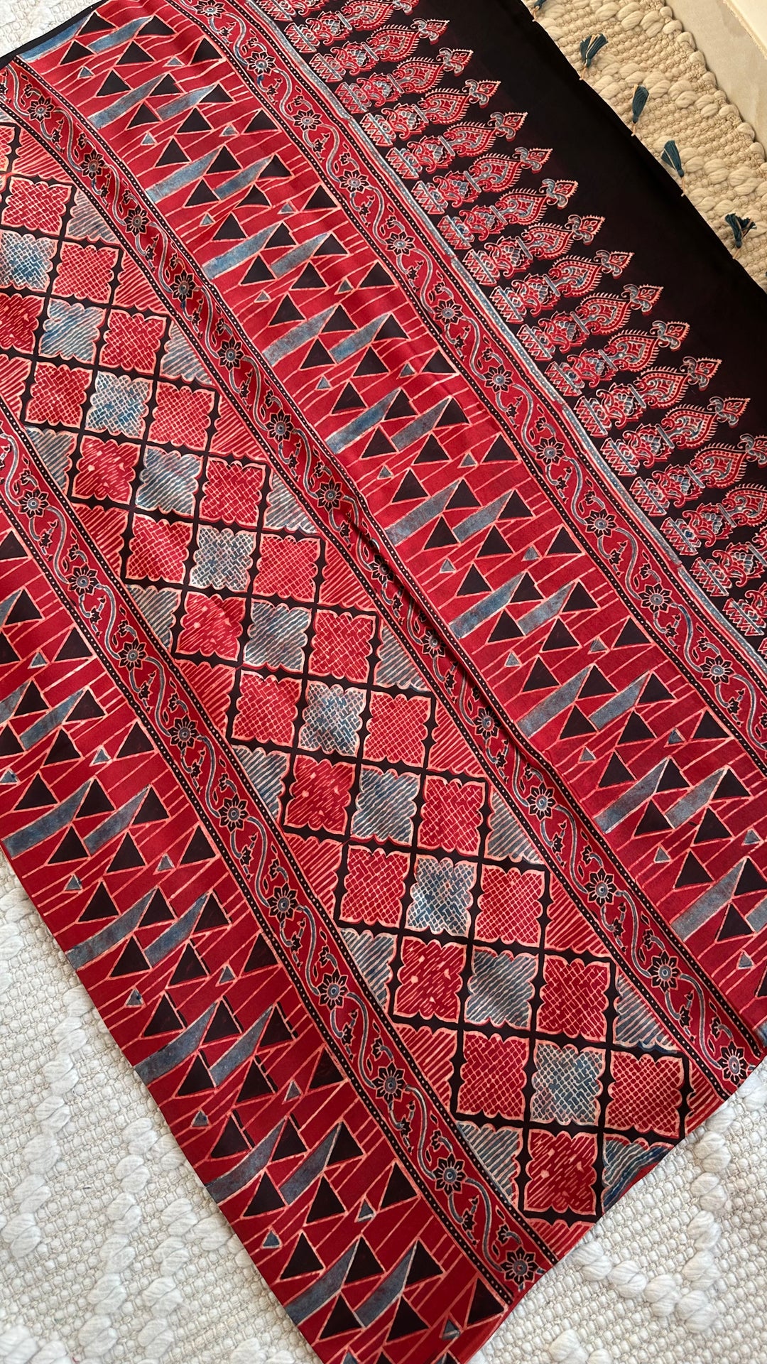 LOTUS BOOTA - MADDER RED AJRAKH HAND BLOCK PRINTED MODAL SILK SAREE (ONLY AVAILABLE ON PRE ORDER - DISPATCH TIME IS 30-45 DAYS)