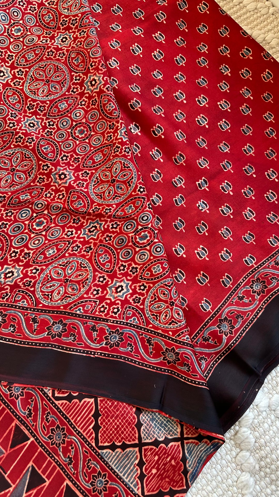 LOTUS BOOTA - MADDER RED AJRAKH HAND BLOCK PRINTED MODAL SILK SAREE (ONLY AVAILABLE ON PRE ORDER - DISPATCH TIME IS 30-45 DAYS)