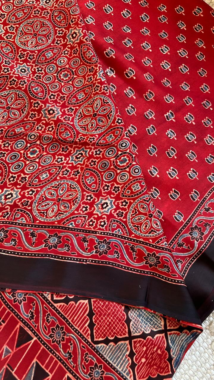 LOTUS BOOTA - MADDER RED AJRAKH HAND BLOCK PRINTED MODAL SILK SAREE (ONLY AVAILABLE ON PRE ORDER - DISPATCH TIME IS 30-45 DAYS)
