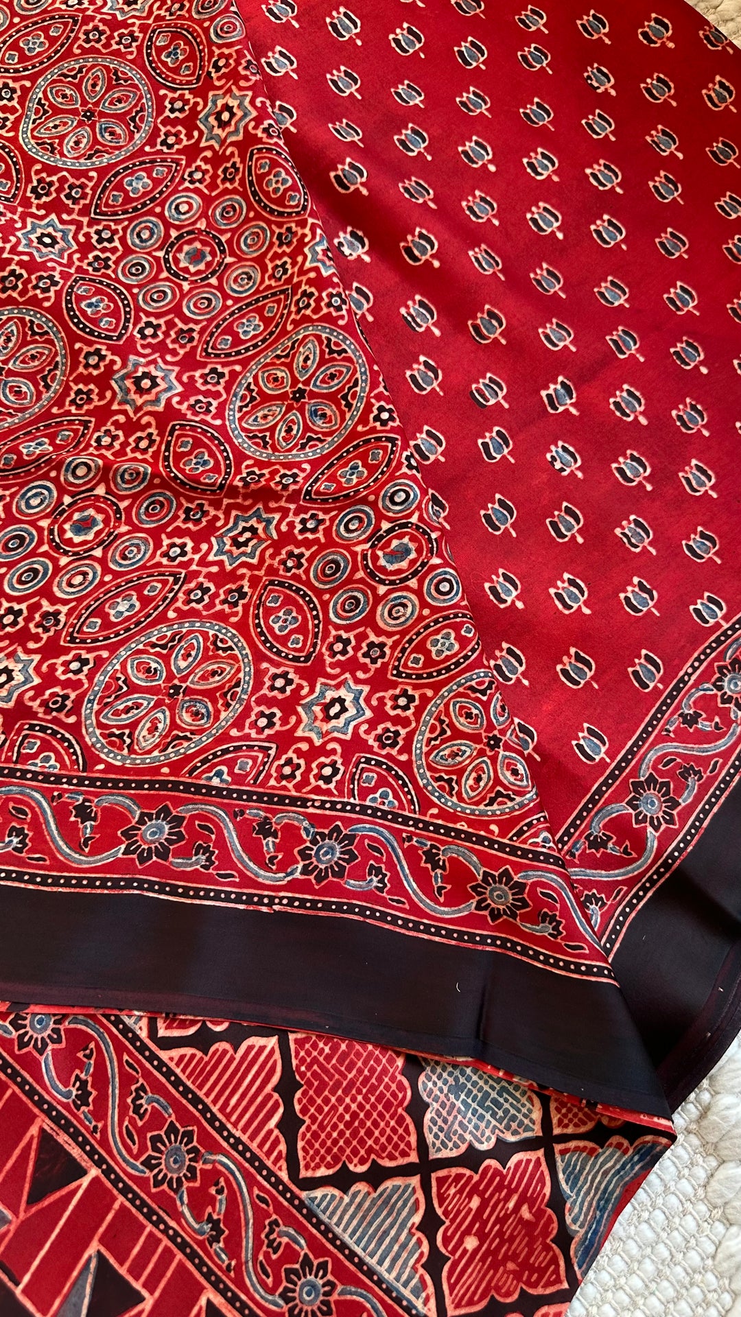 LOTUS BOOTA - MADDER RED AJRAKH HAND BLOCK PRINTED MODAL SILK SAREE (ONLY AVAILABLE ON PRE ORDER - DISPATCH TIME IS 30-45 DAYS)