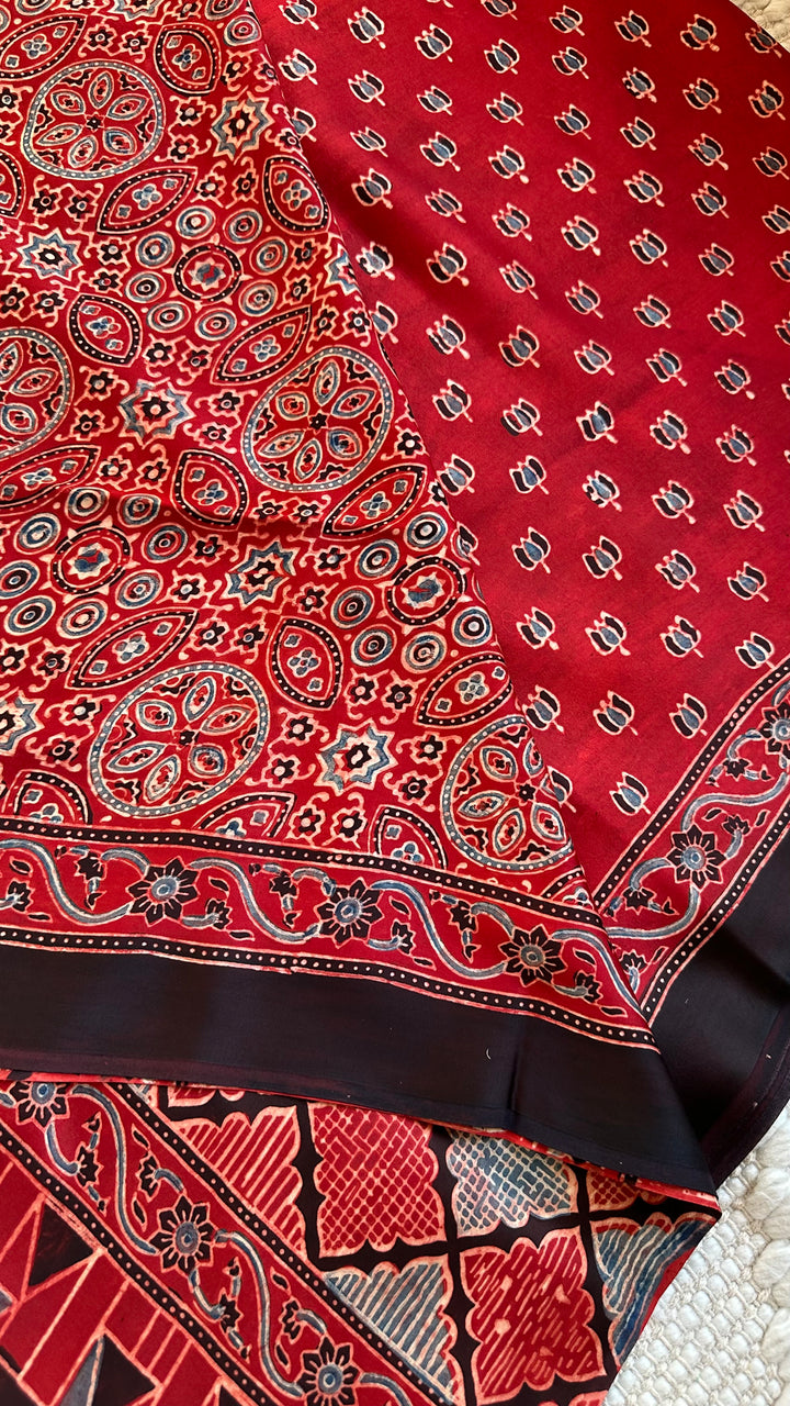 LOTUS BOOTA - MADDER RED AJRAKH HAND BLOCK PRINTED MODAL SILK SAREE (ONLY AVAILABLE ON PRE ORDER - DISPATCH TIME IS 30-45 DAYS)