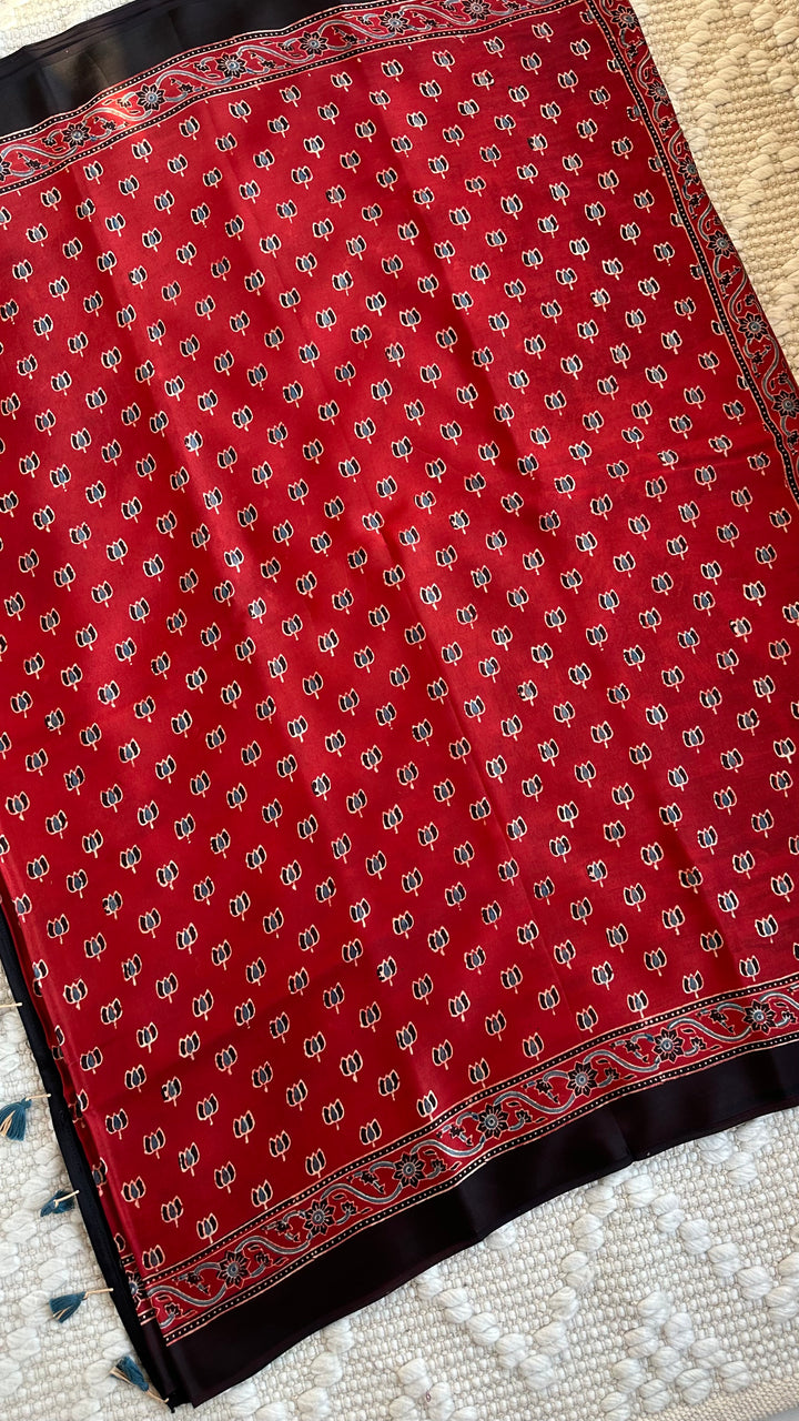 LOTUS BOOTA - MADDER RED AJRAKH HAND BLOCK PRINTED MODAL SILK SAREE (ONLY AVAILABLE ON PRE ORDER - DISPATCH TIME IS 30-45 DAYS)