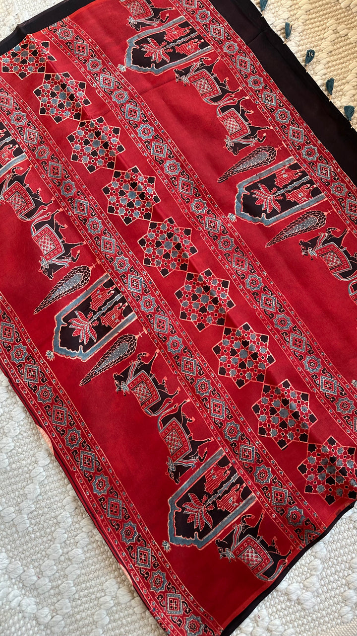 POLKA DOT MADDER RED - AJRAKH HAND BLOCK PRINTED MODAL SILK SAREE