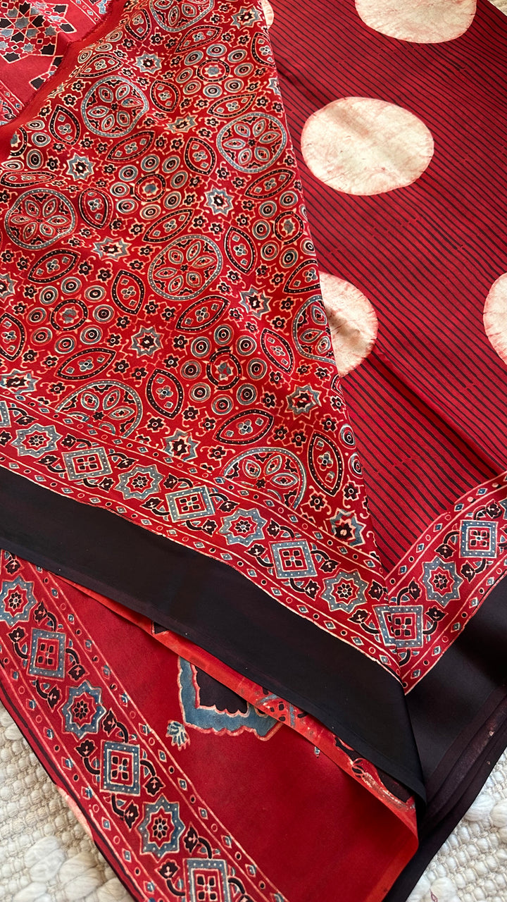 POLKA DOT MADDER RED - AJRAKH HAND BLOCK PRINTED MODAL SILK SAREE