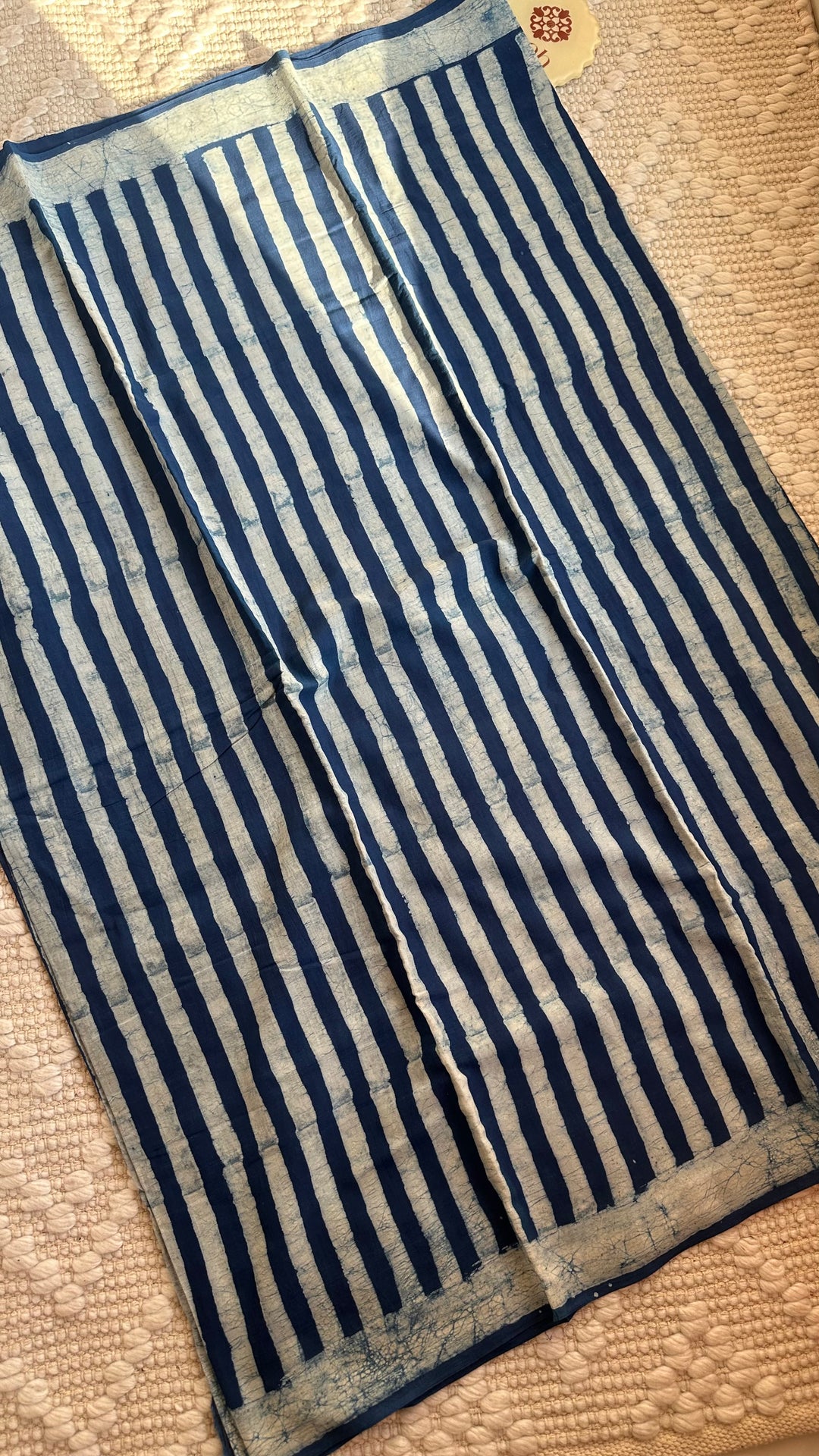 AKOLA INDIGO HAND BLOCK DABU PRINTED SOFT MULMUL COTTON SAREE- 003