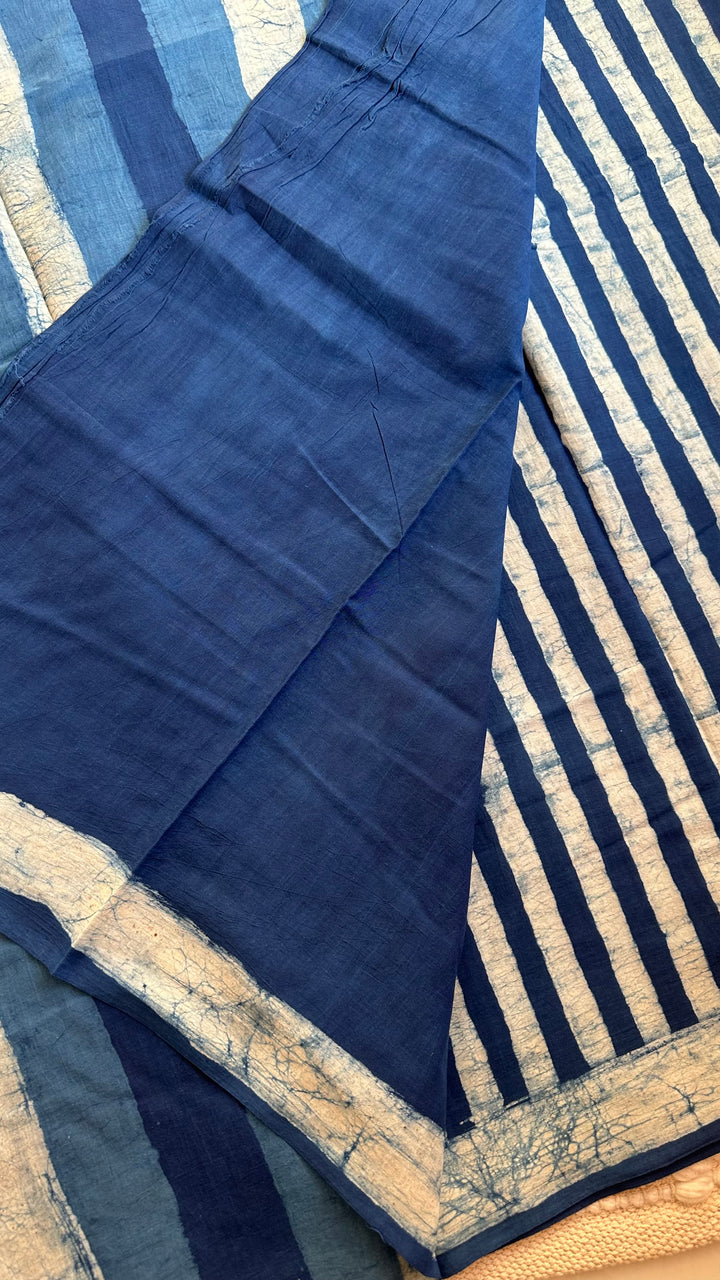 AKOLA INDIGO HAND BLOCK DABU PRINTED SOFT MULMUL COTTON SAREE- 003