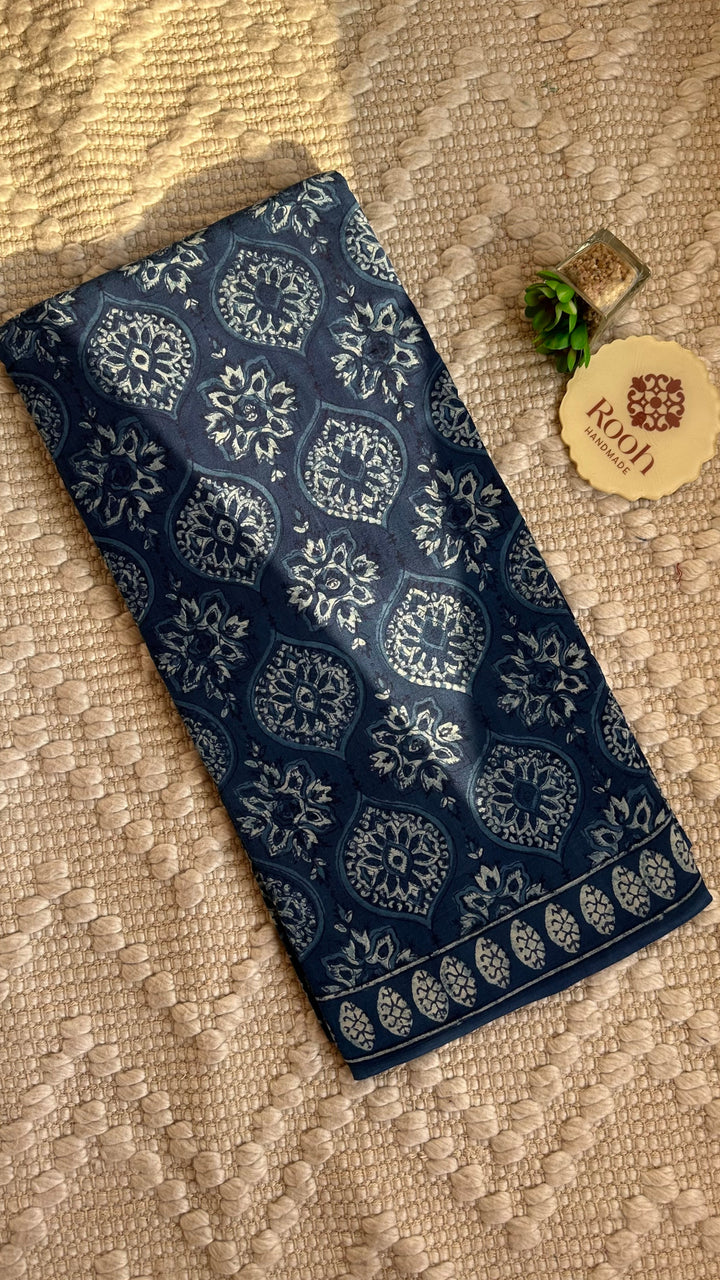 AKOLA INDIGO HAND BLOCK DABU PRINTED SOFT MULMUL COTTON SAREE- 015