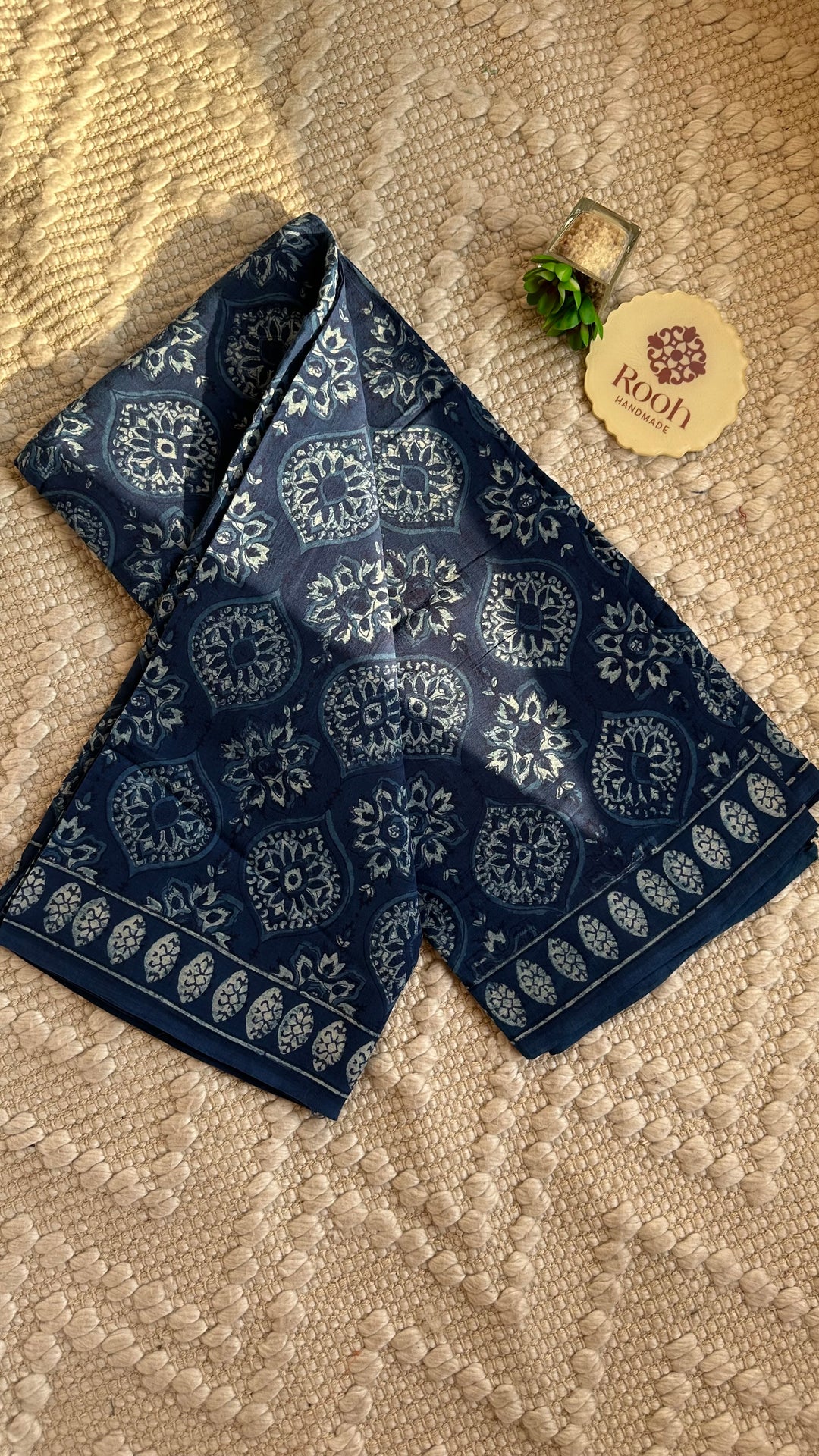 AKOLA INDIGO HAND BLOCK DABU PRINTED SOFT MULMUL COTTON SAREE- 015
