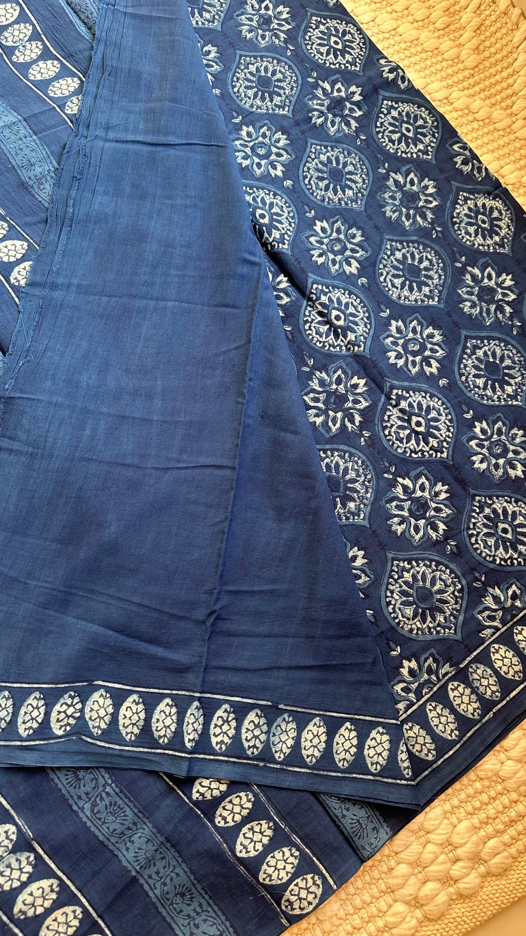 AKOLA INDIGO HAND BLOCK DABU PRINTED SOFT MULMUL COTTON SAREE- 015