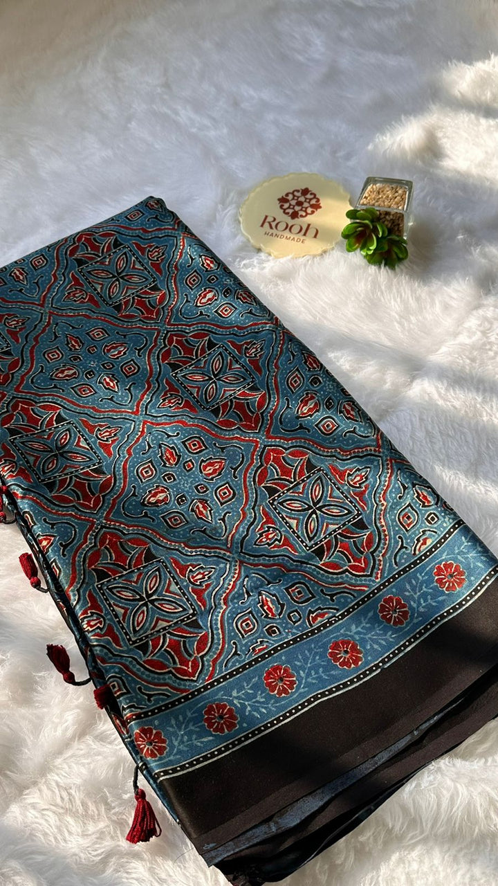 INDIGO GLARE - AJRAKH HAND BLOCK PRINTED MODAL SILK SAREE (DISPATCH TIME IS 7 TO 10 DAYS)