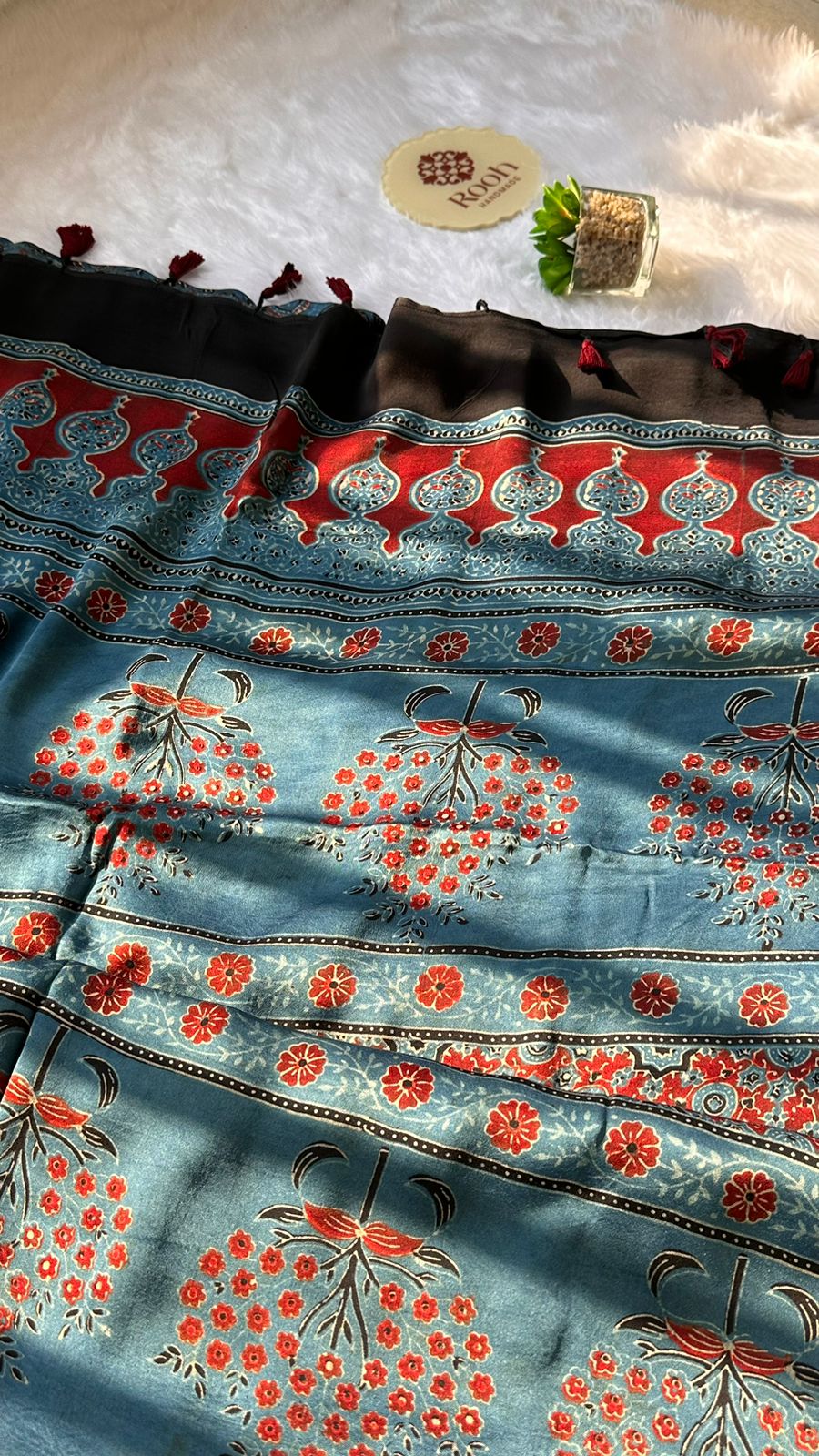 INDIGO GLARE - AJRAKH HAND BLOCK PRINTED MODAL SILK SAREE (DISPATCH TIME IS 7 TO 10 DAYS)