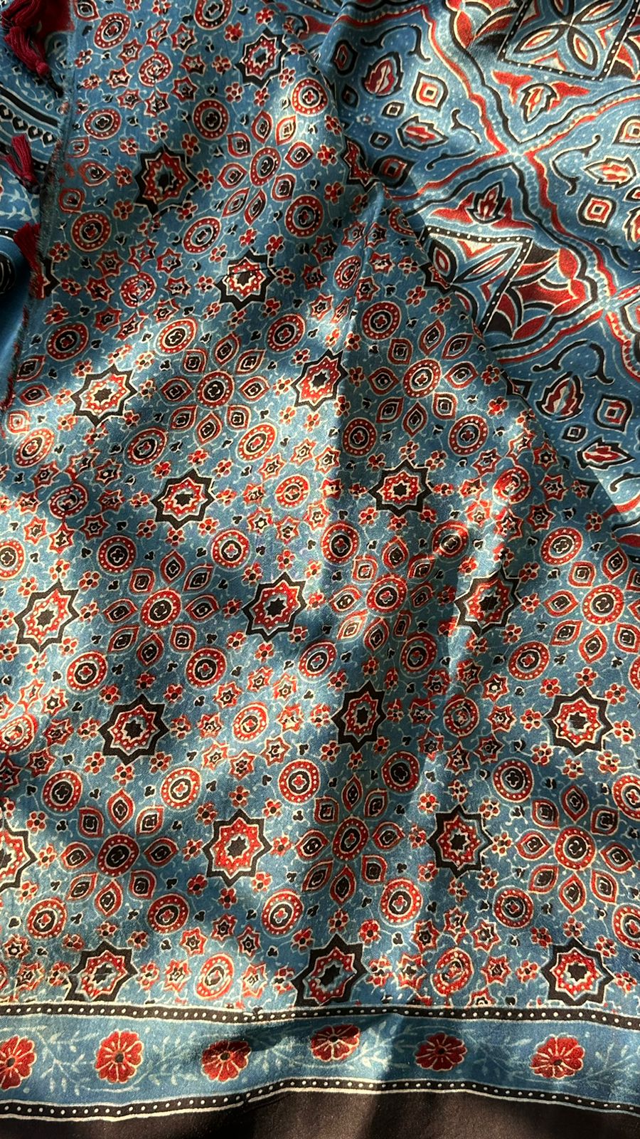 INDIGO GLARE - AJRAKH HAND BLOCK PRINTED MODAL SILK SAREE (DISPATCH TIME IS 7 TO 10 DAYS)