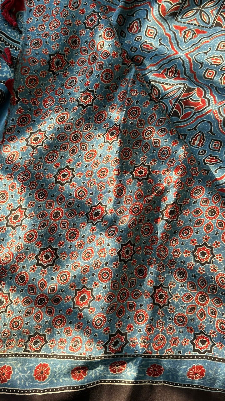 INDIGO GLARE - AJRAKH HAND BLOCK PRINTED MODAL SILK SAREE (DISPATCH TIME IS 7 TO 10 DAYS)