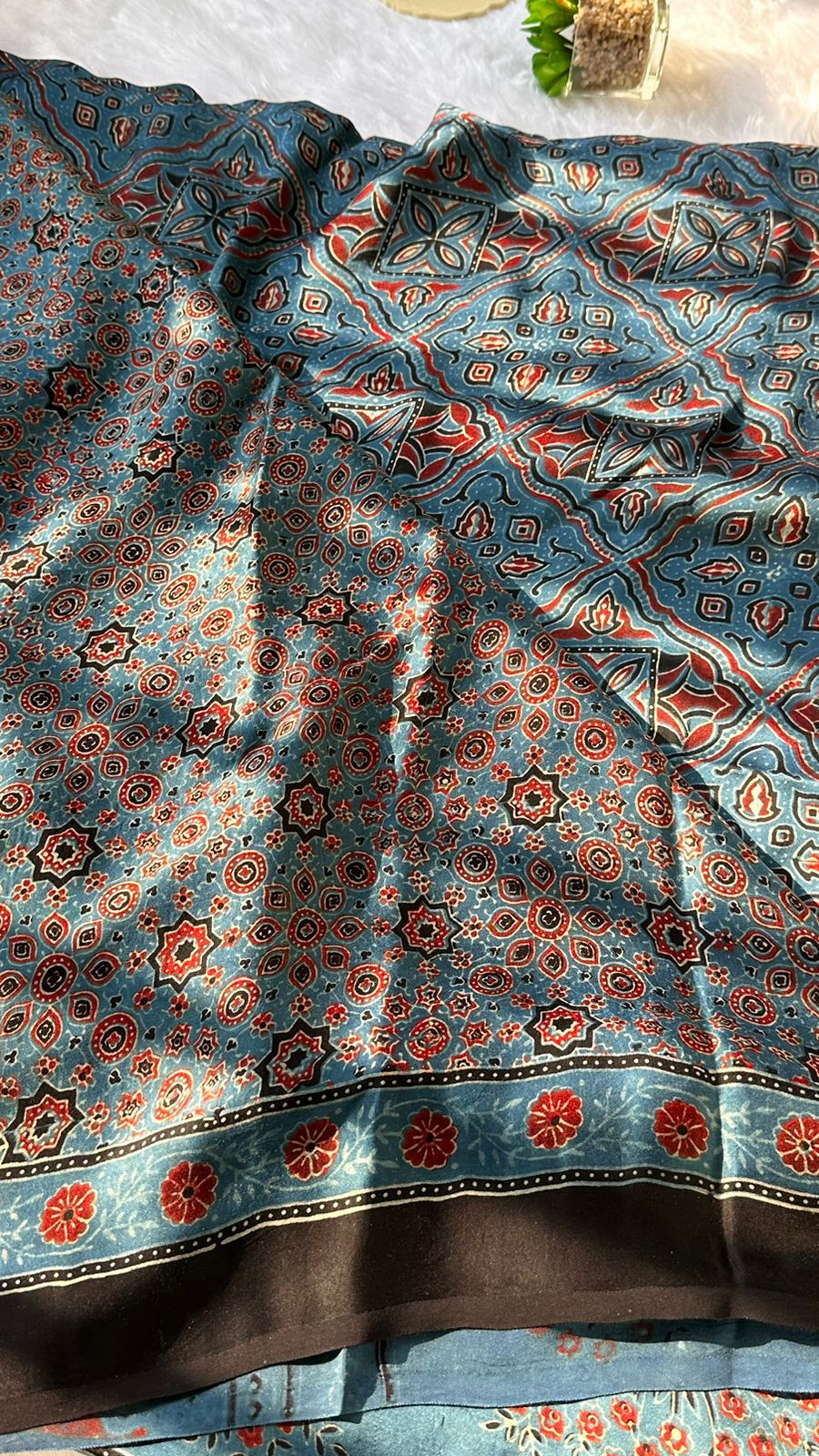 INDIGO GLARE - AJRAKH HAND BLOCK PRINTED MODAL SILK SAREE (DISPATCH TIME IS 7 TO 10 DAYS)