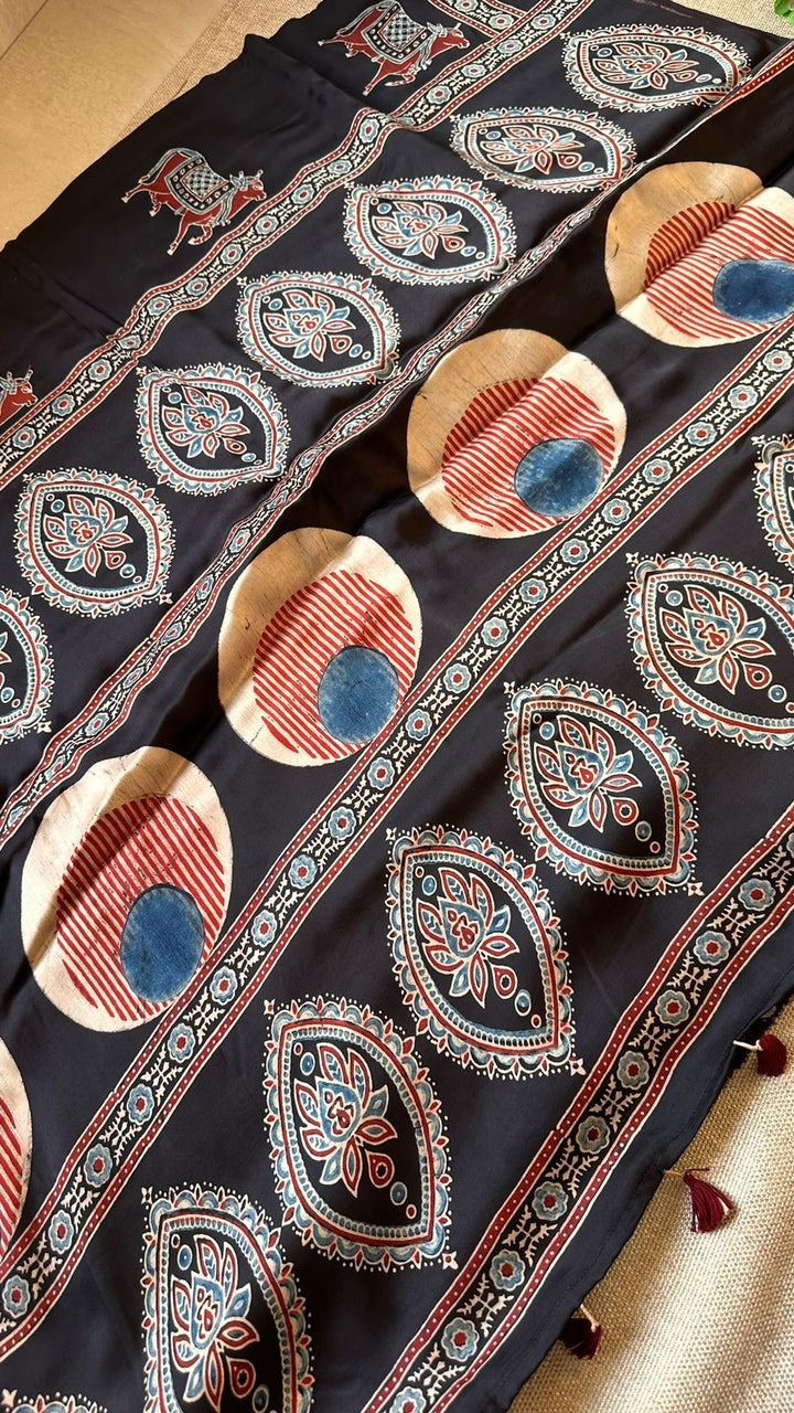 BLACK PICHWAI NANDI - AJRAKH HAND BLOCK PRINTED MODAL SILK SAREE (ONLY AVAILABLE ON PRE ORDER - DISPATCH TIME IS 30-40 DAYS)