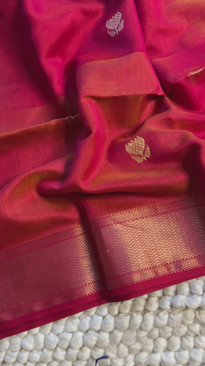 HOT PINK & ORANGE DUAL TONE- PREMIUM HANDWOVEN MAHESHWARI SILK BY COTTON SAREE (DISPATCH TIME IS 10-15 DAYS)