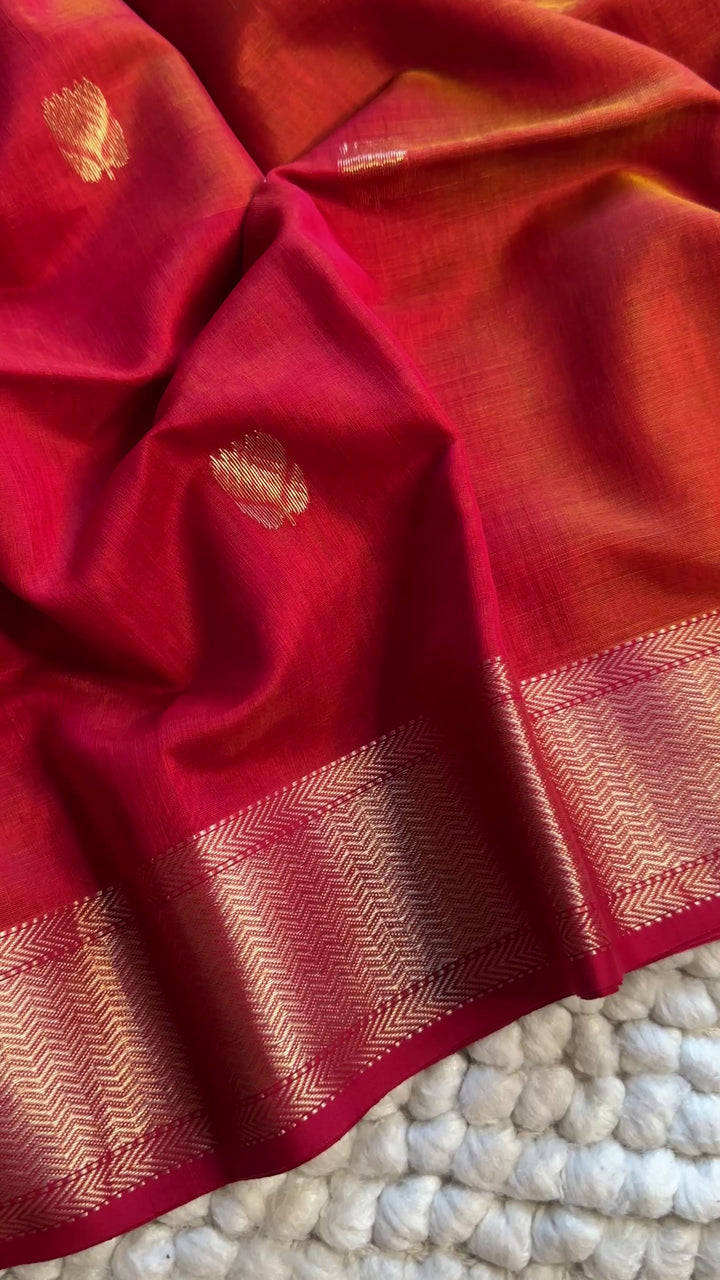WARM RED & SUNSHINE YELLOW DUAL TONE- PREMIUM HANDWOVEN MAHESHWARI SILK BY COTTON SAREE