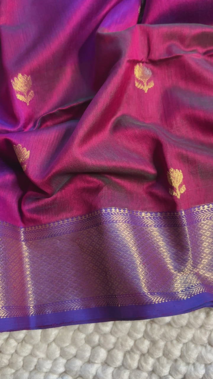 MAGENTA AND BLUE DUAL TONE- PREMIUM HANDWOVEN MAHESHWARI SILK BY COTTON SAREE (DISPATCH IN 7-10 DAYS)