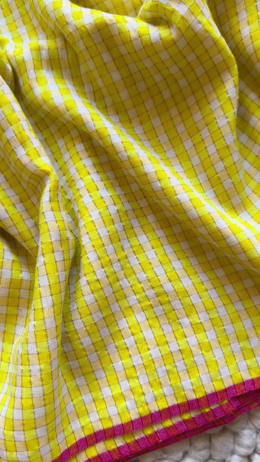 HANDWOVEN LEMON-YELLOW ZARI CHECKS PURE MULMUL COTTON SAREE (DISPATCH TIME IS 15-20 DAYS)